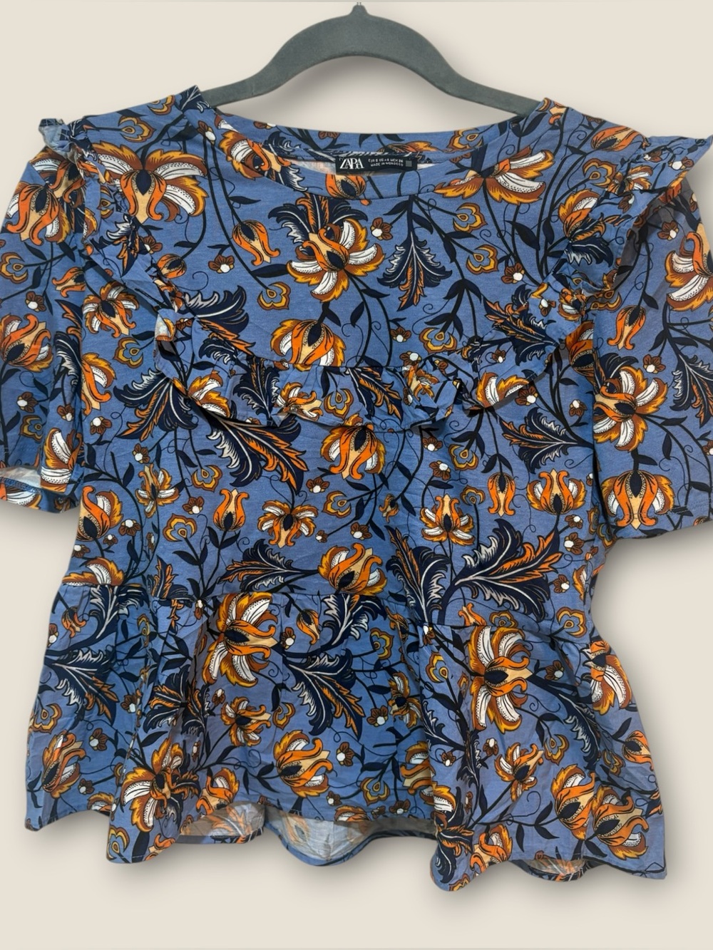 Zara 100% Cotton Cottagecore Prariecore Floral Ruffle Peplum Top - Blue & Orange